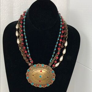 Pink Panache Necklace Four Strand Beaded Southwestern Crystals Bib Dangle